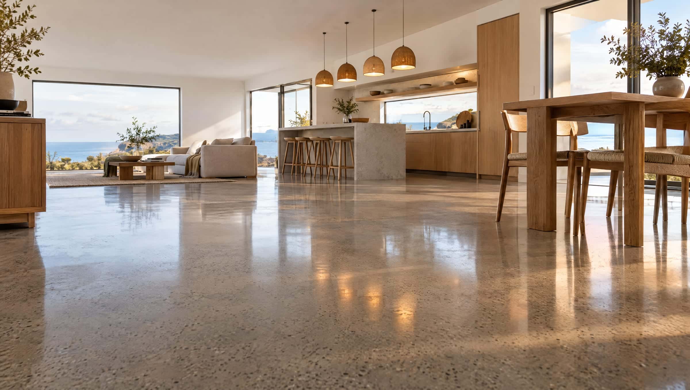 Open-plan coastal home interior with a satin polished concrete floor showing salt-and-pepper aggregate