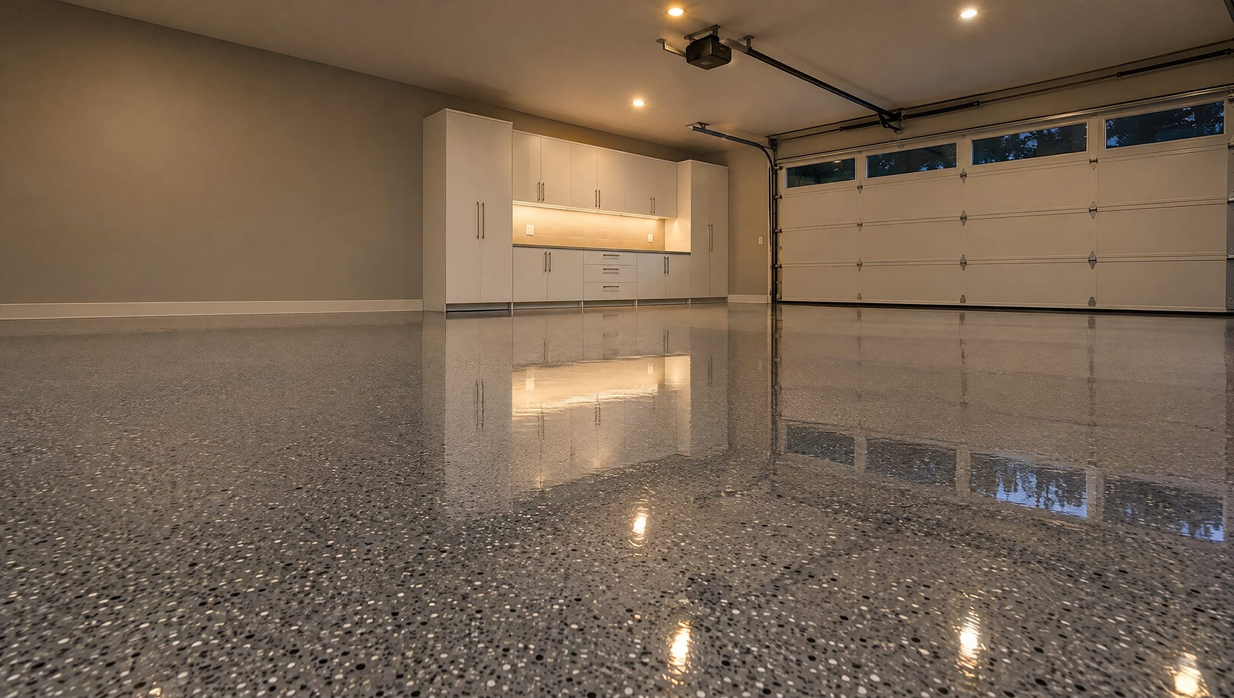Finished two-car garage with a glossy gray flake epoxy floor and white cabinets