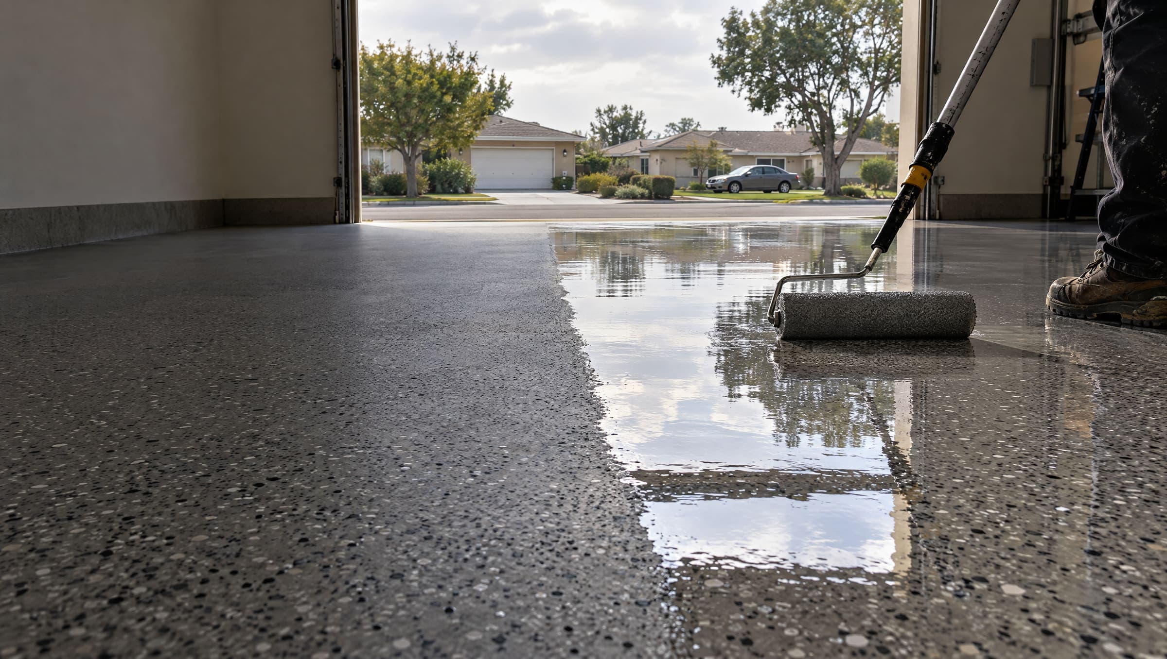 A roller spreading a glossy clear topcoat over a gray flake garage floor