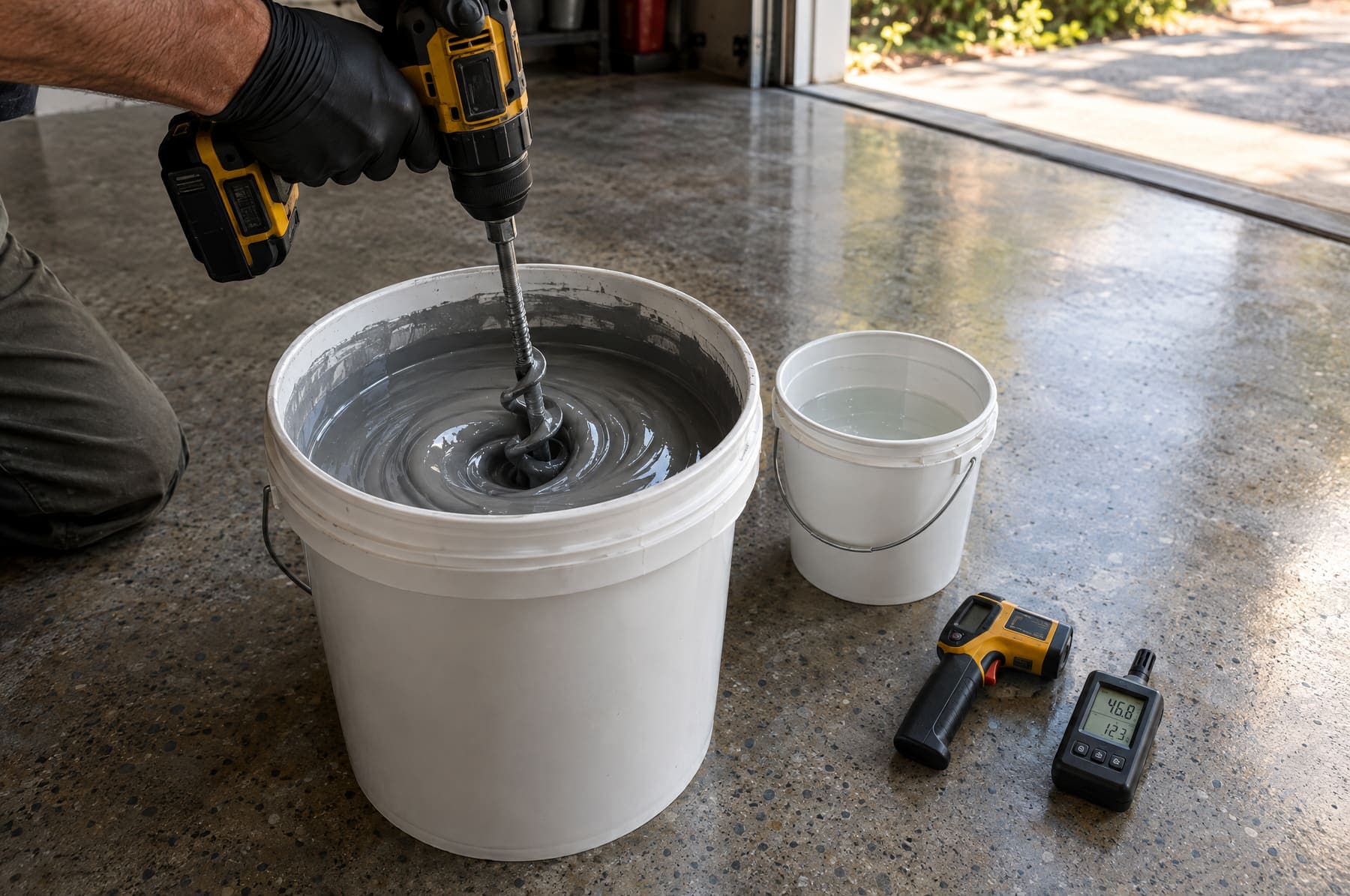 Gloved hands mixing gray two-part coating with a drill paddle, with an infrared thermometer and a dew point meter on the ground concrete
