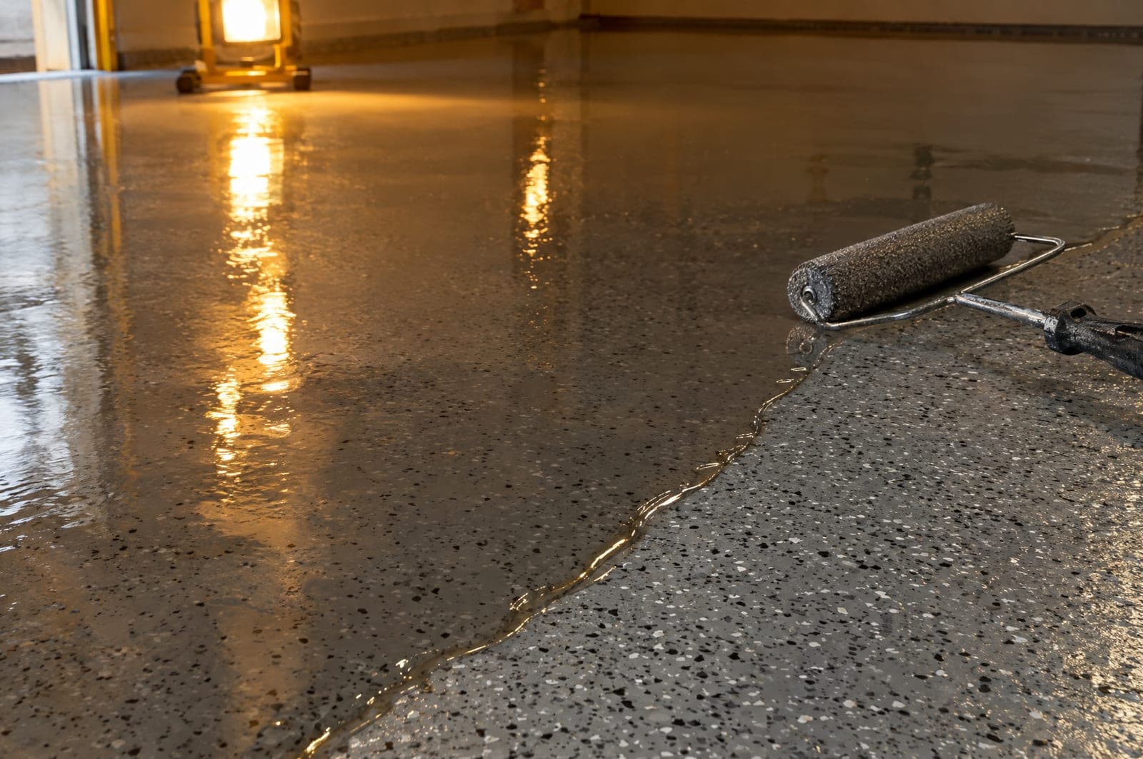 Wet edge of a freshly rolled clear topcoat over a gray flake floor with a roller frame