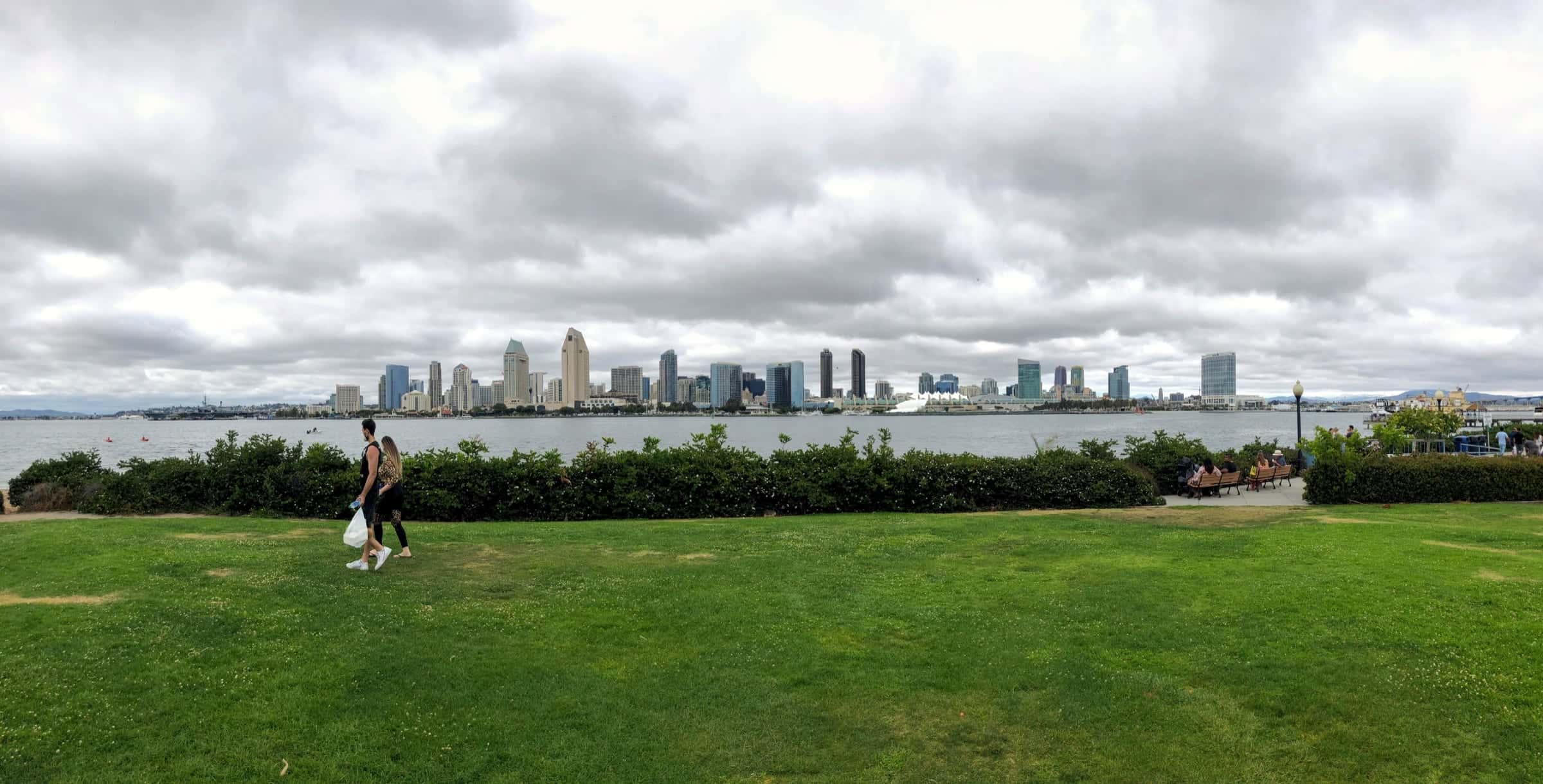 Downtown San Diego skyline seen across San Diego Bay from Coronado on a cloudy day