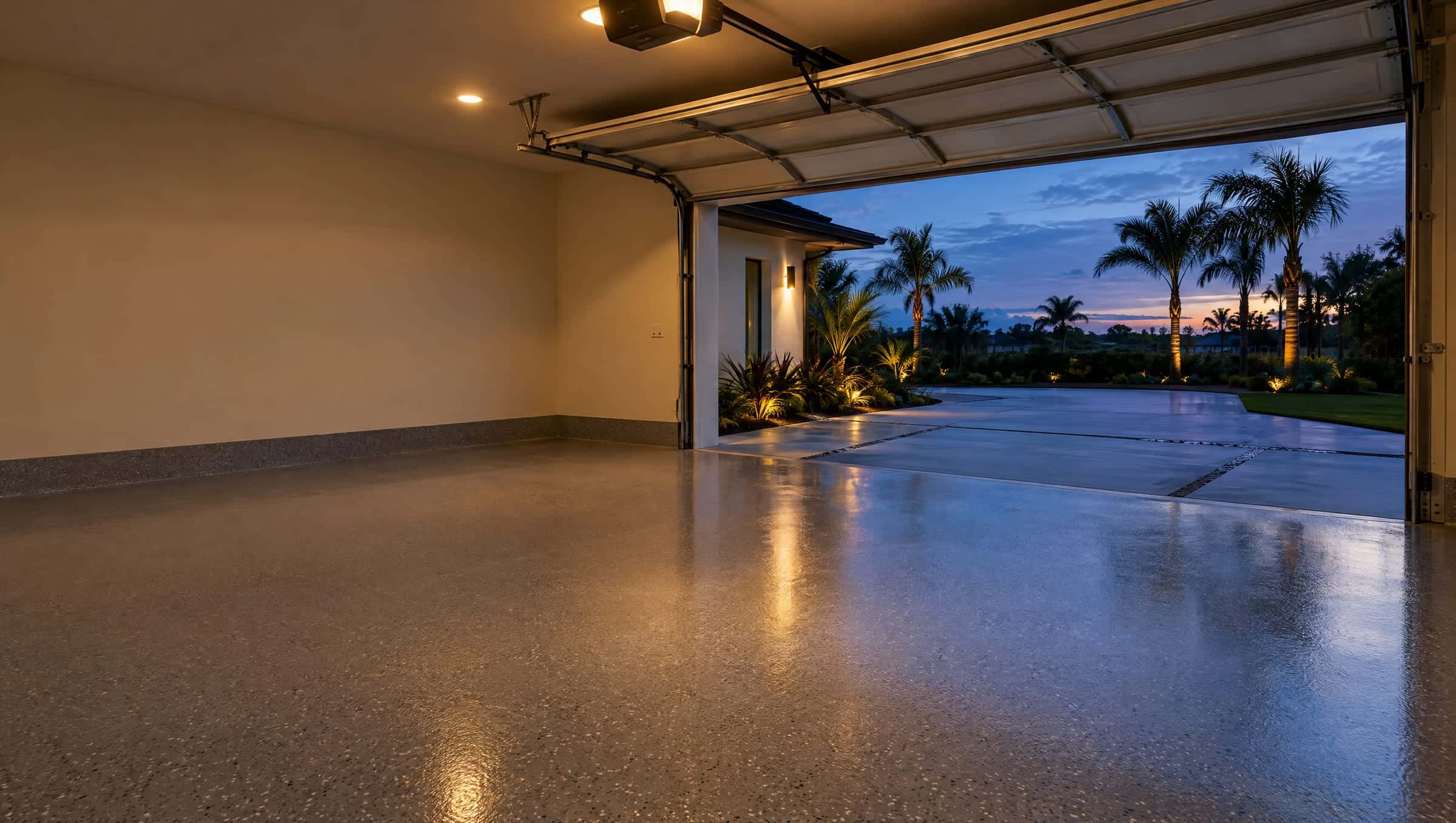 Empty garage at dusk with warm light across a satin flake epoxy floor toward an open door