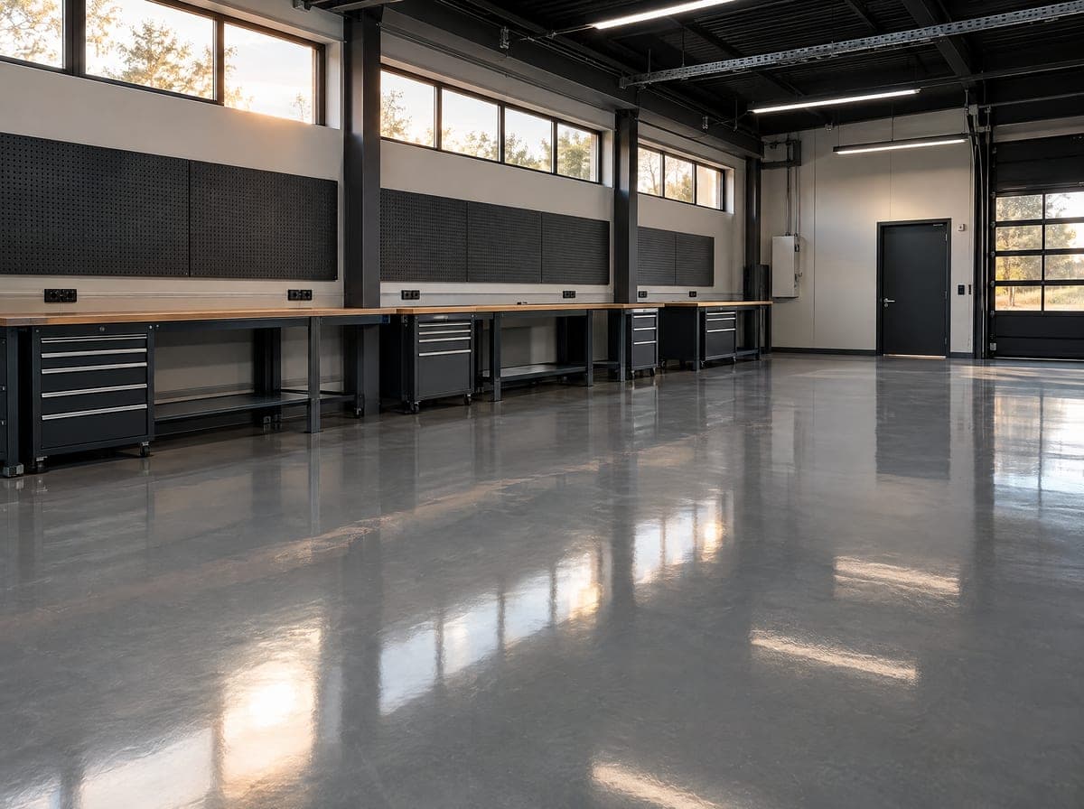 Empty commercial workshop with a seamless glossy gray epoxy floor