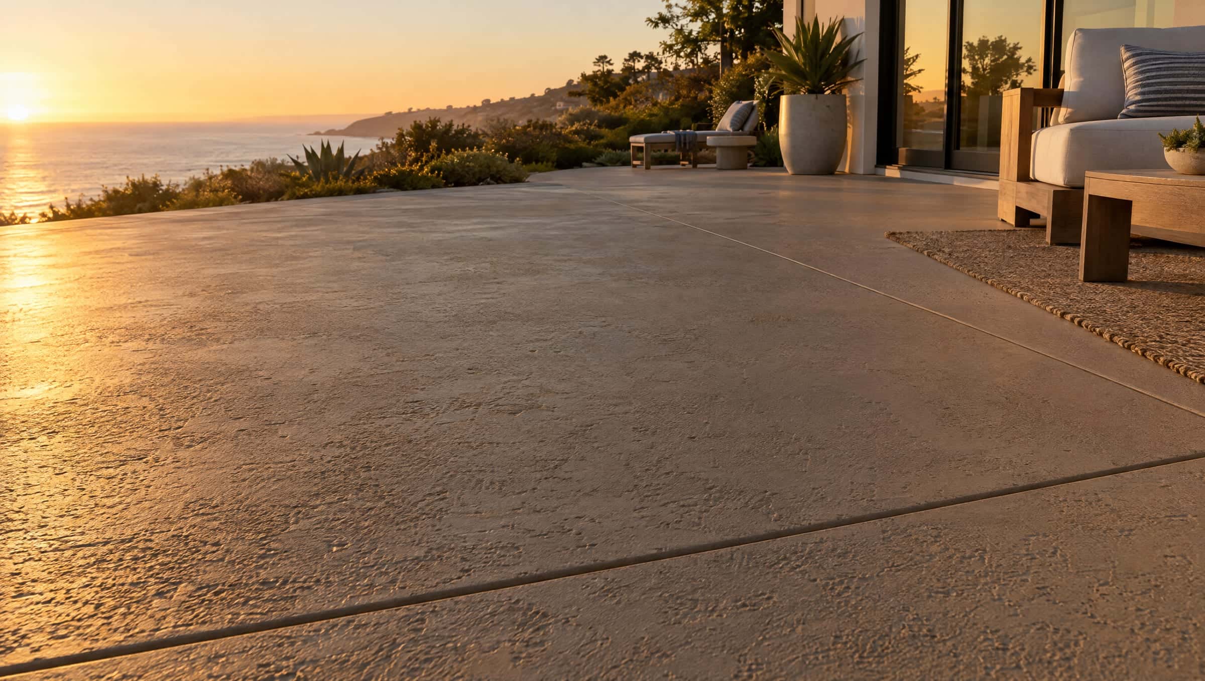 Resurfaced sand-toned concrete patio with a knockdown texture at golden hour above the ocean