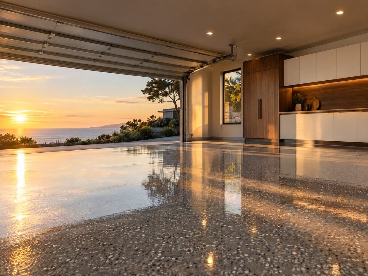 Flake epoxy garage floor reflecting golden-hour light from an open garage door