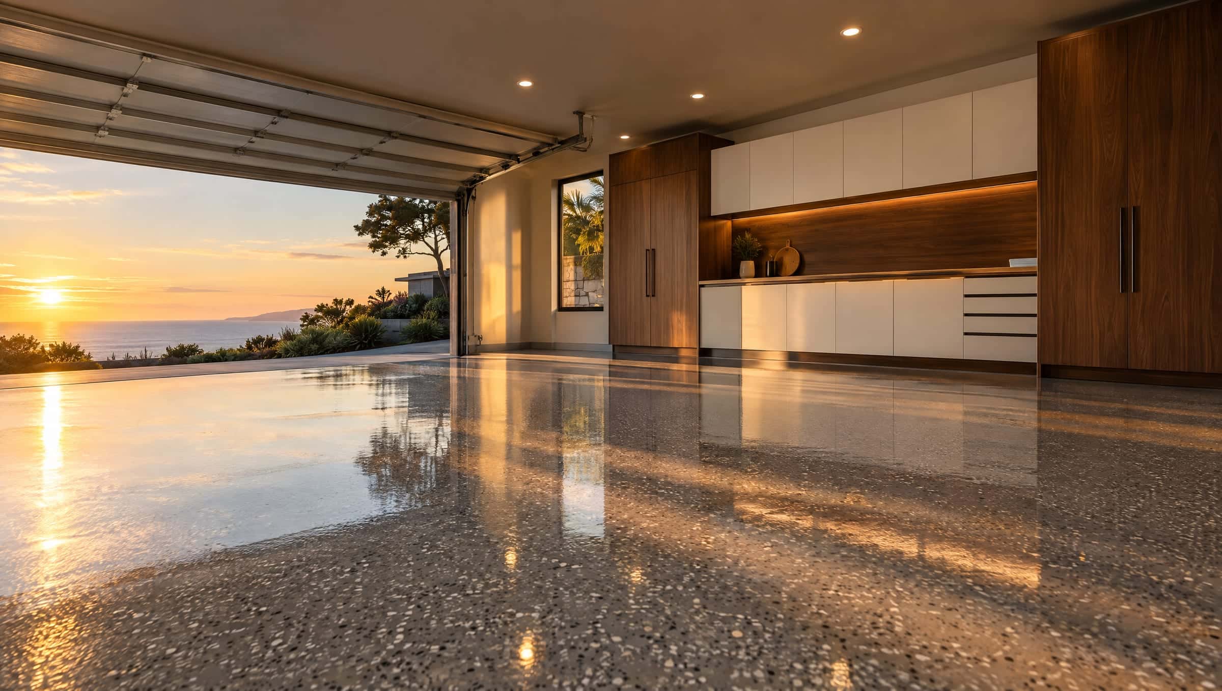 Luxury garage with a warm-gray and white flake epoxy floor reflecting golden-hour sun through an open door