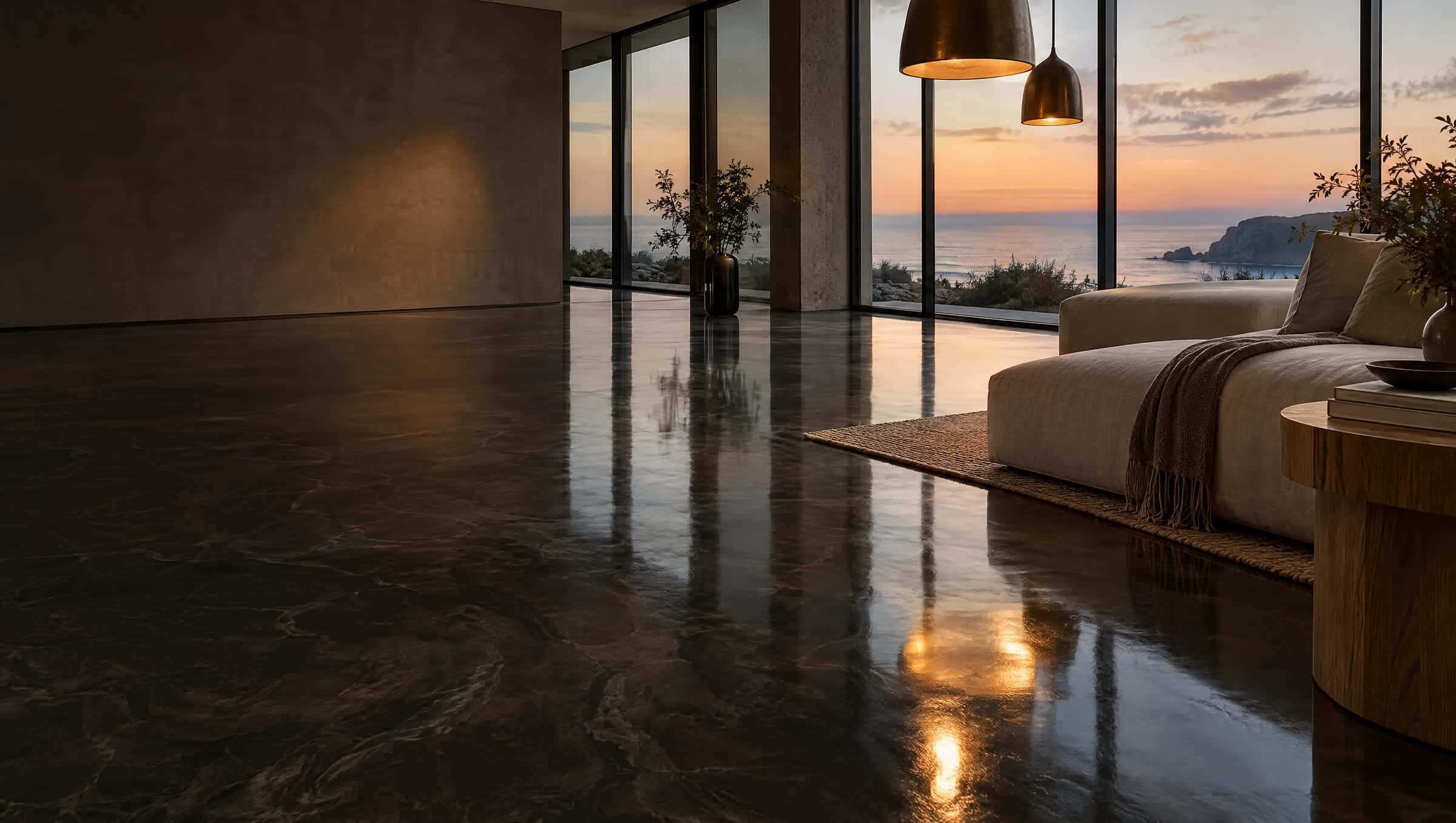 Modern coastal living room with a deep charcoal metallic epoxy floor reflecting warm pendant light