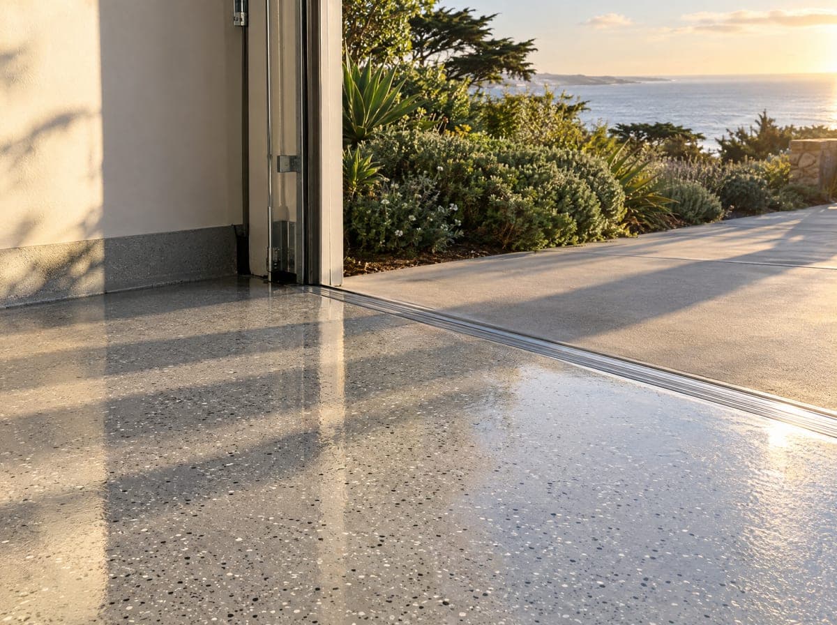 Clear-coated light-gray flake floor meeting an open garage door threshold in warm sun