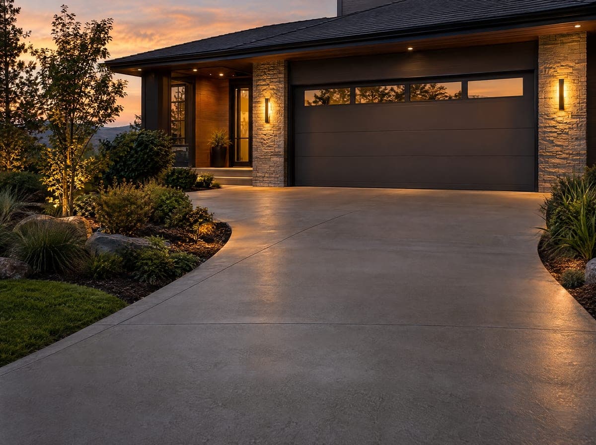 Resurfaced warm-gray concrete driveway leading to a modern garage door at dusk