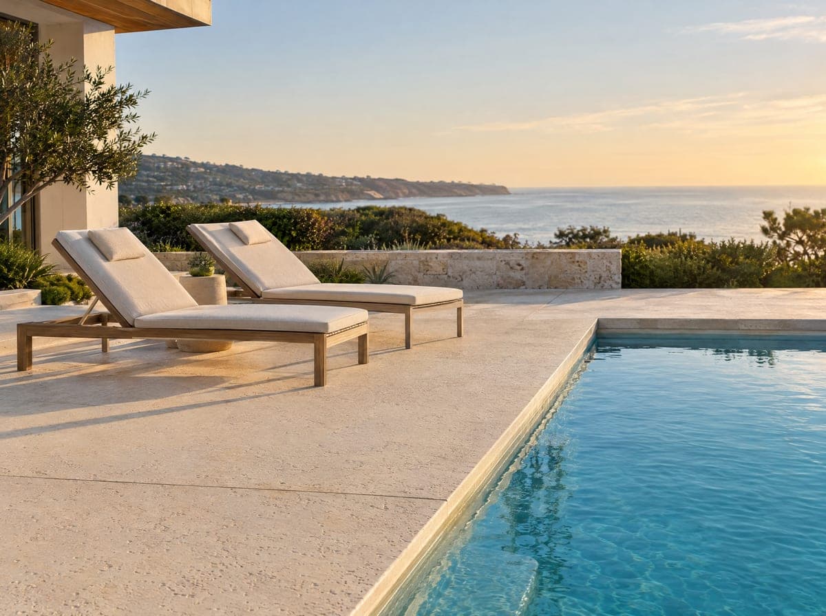 Cream textured pool deck with two lounge chairs beside calm blue water